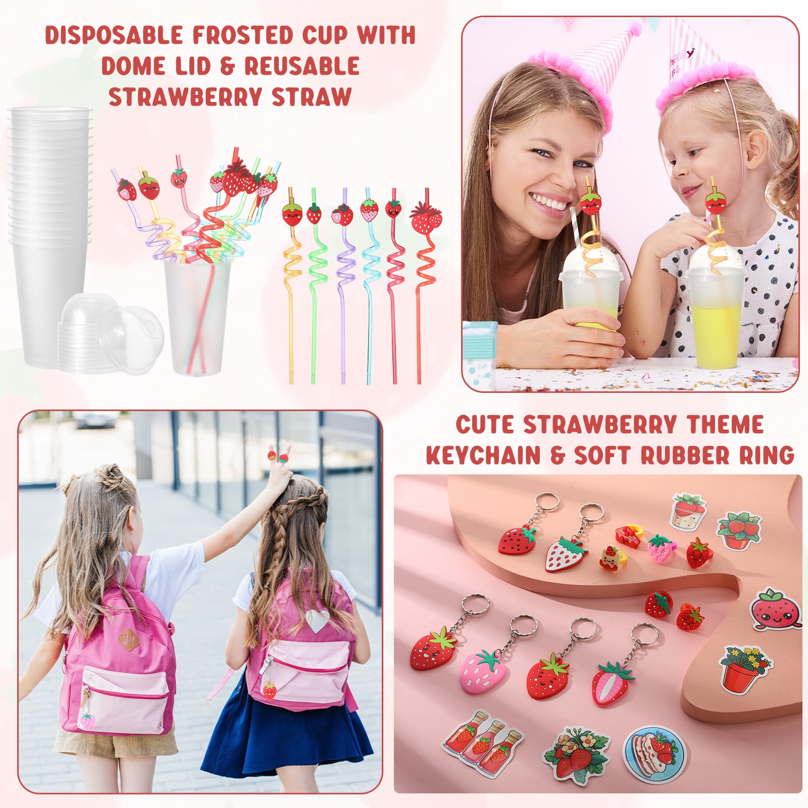 Landical 213 Pcs Strawberry Party Favors Includes Gift Cup Straws Bracelets Stickers Temporary Tattoos Keychain Rings Stampers P